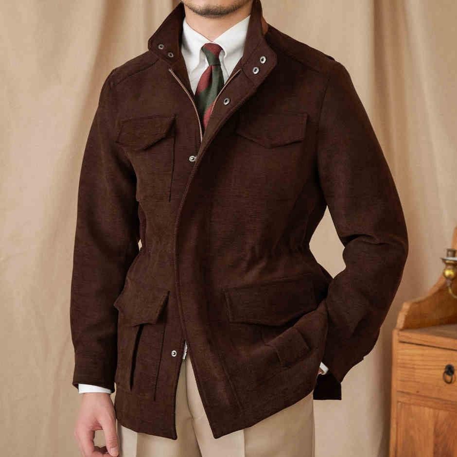 Coffee brown multi-pocket safari coat with snap collar and button front