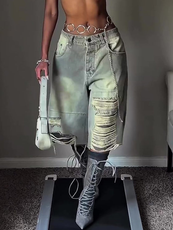 Women's Distressed Denim Cropped Wide-Leg Jeans