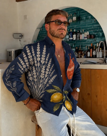 Oversized navy button-up shirt with lavender and lemon botanical print, long sleeves