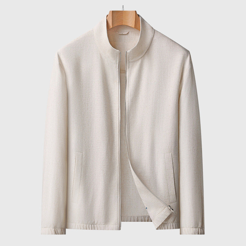 Men's light beige linen jacket, full-zip stand collar, elastic cuffs