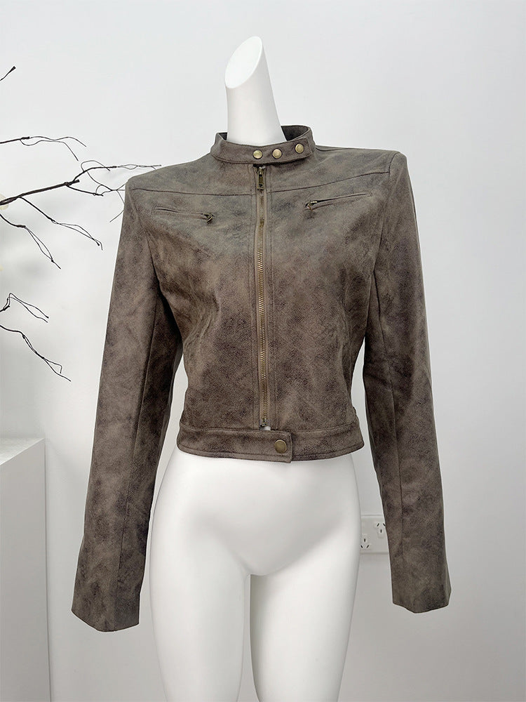 Maillard Motorcycle Hot Girl Vintage Distressed Leather Coat - WOMONA.COM