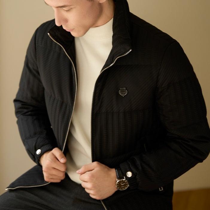 Black thermal windproof jacket with full zip and stand collar, quilted texture