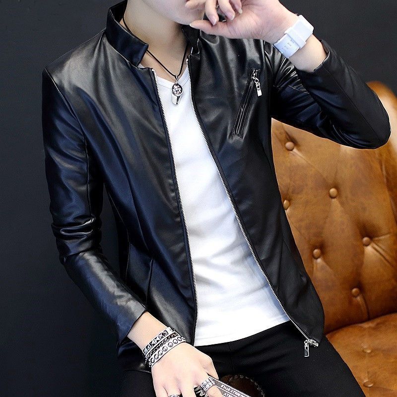 Slim Trendy Youth Stand Collar Leather Jacket Coat - WOMONA.COM