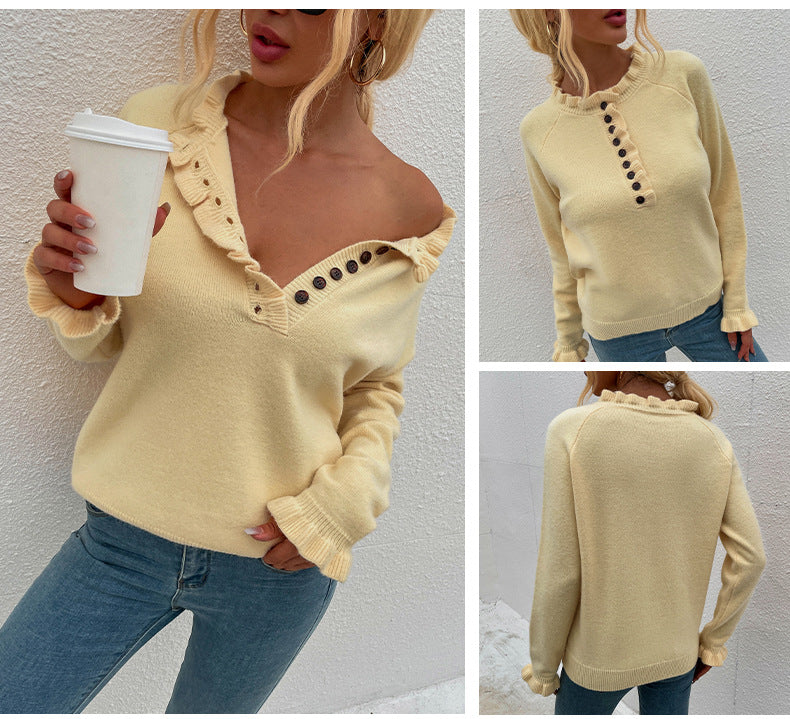 Women's Acrylic Wooden Ear Button Sweater - WOMONA.COM