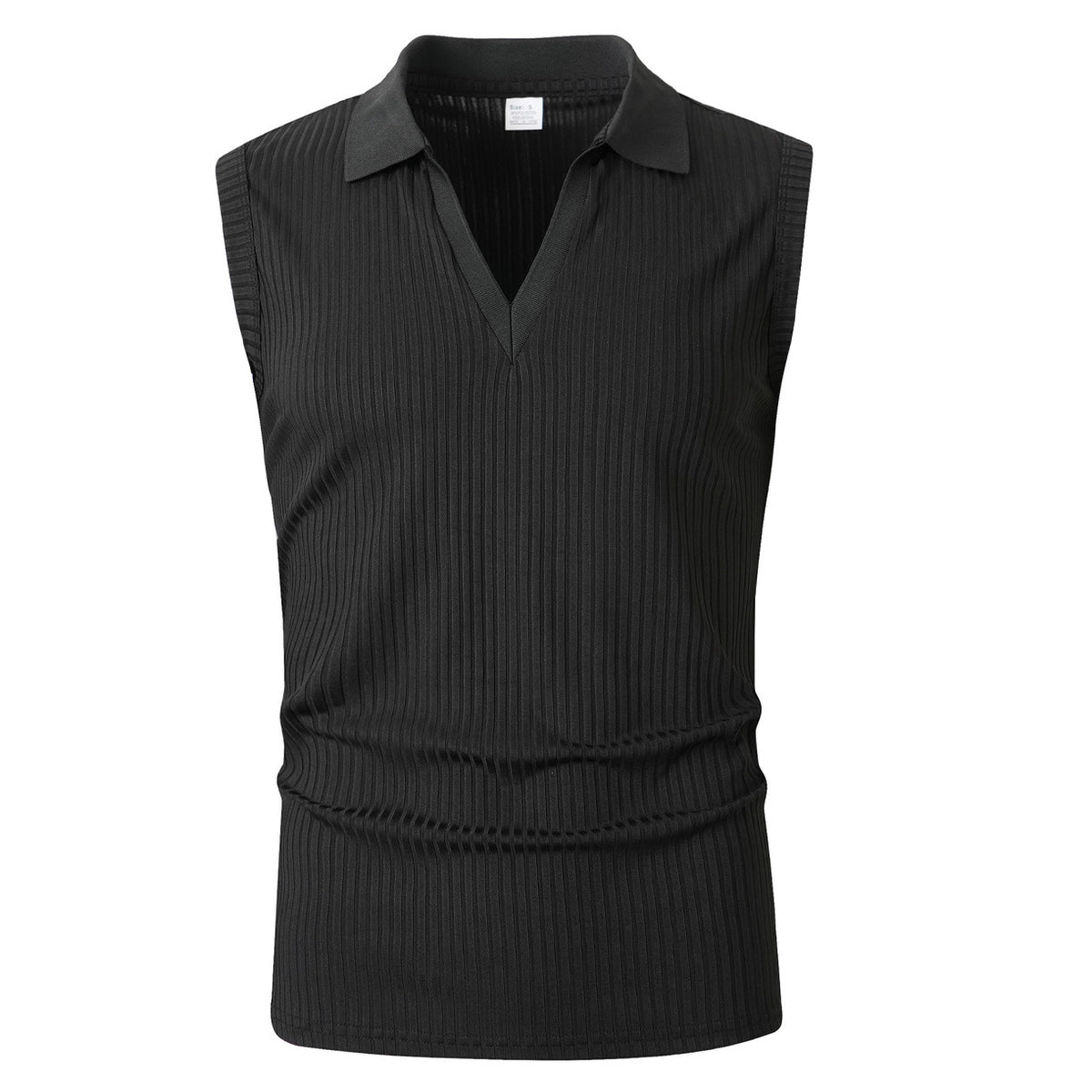 Black men's polo-collar sleeveless knit vest with vertical ribbed stripes