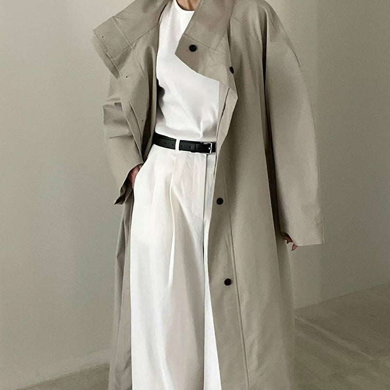 Long Stand-up Collar Tie Trench Coat