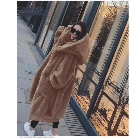 Women’s hooded fur jacket in camel brown, long plush coat with cozy hood and zipper