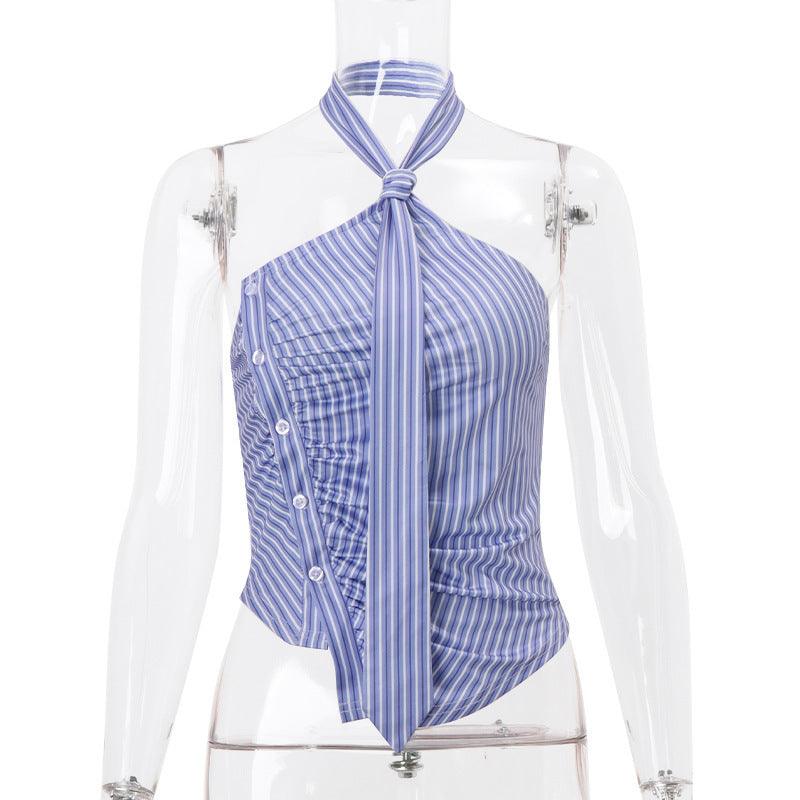 Irregular Striped Printed Tie Design Halter Vest - WOMONA.COM
