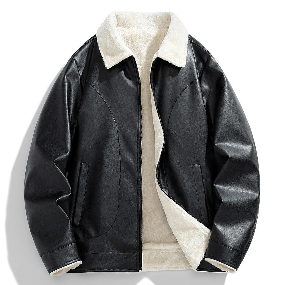Men's casual black coat with off-white sherpa lining, zip front, stand collar