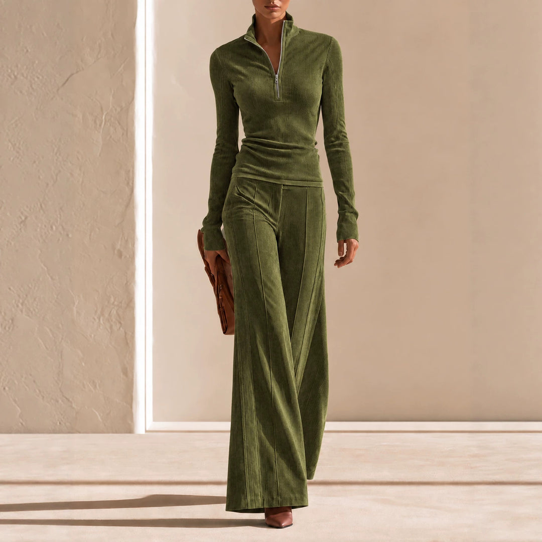 Women's Corduroy Half-Zip Top and Wide-Leg Pants Set