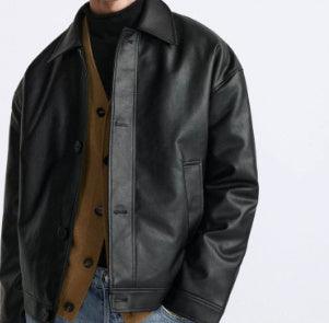 Men's faux leather square jacket, black, button front and chest pocket, stand collar