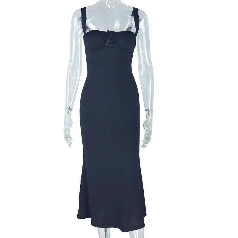 Dark navy spaghetti-strap midi dress with sweetheart neckline and draped skirt