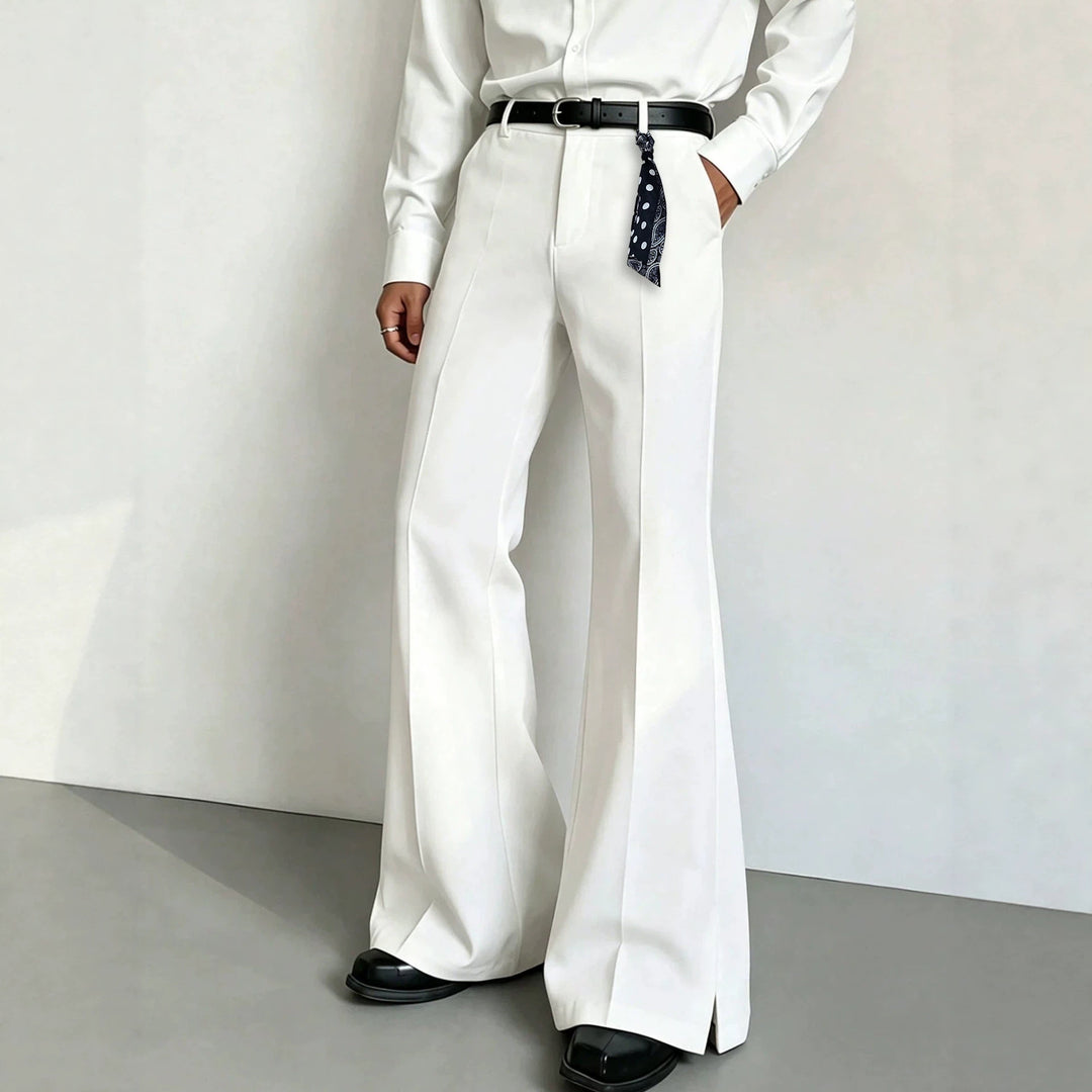 Men's white high-waist slightly flared casual pants, belt loops, side slant pockets