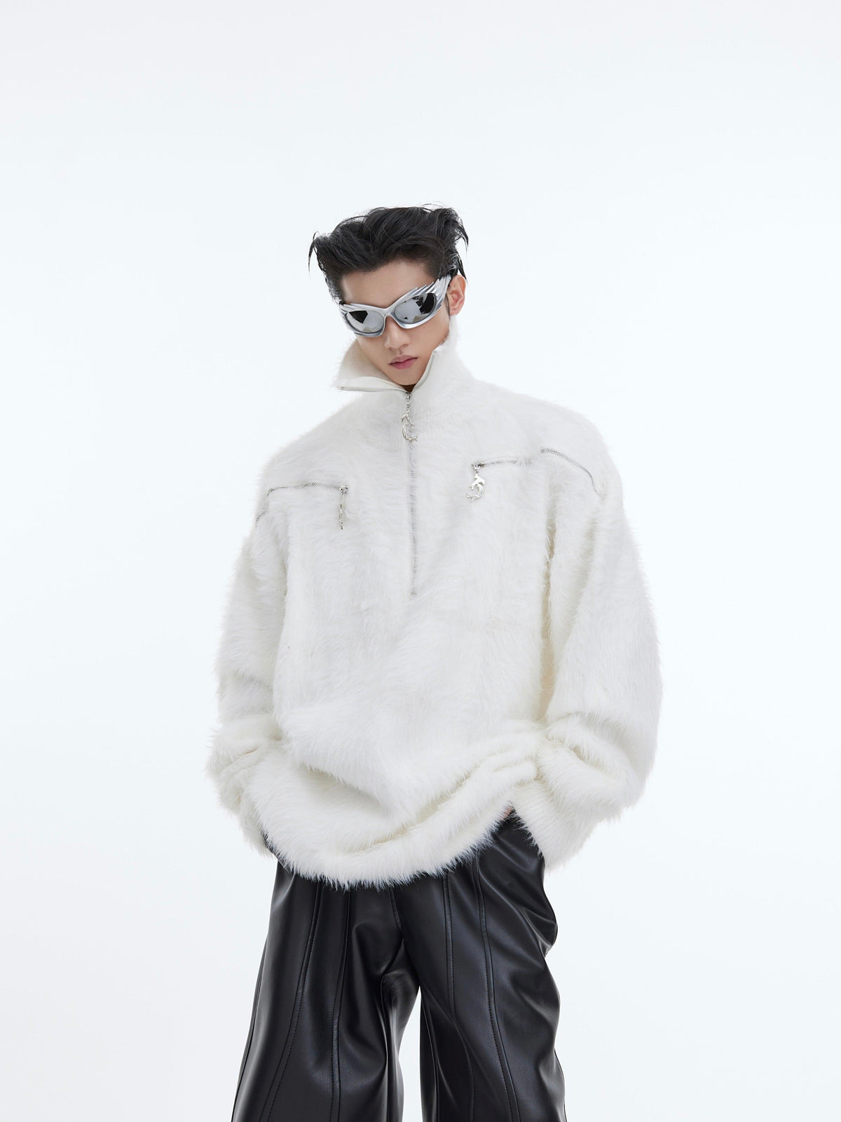 White plush zip-up jacket with stand collar and flap chest pockets