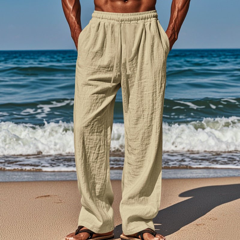 Khaki loose-fit casual pants with elastic waistband and drawstring, ankle-length