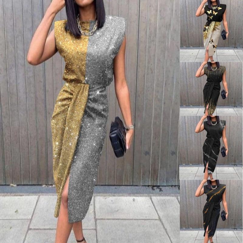 Printed Sleeveless Lace Pleated Dress - WOMONA.COM