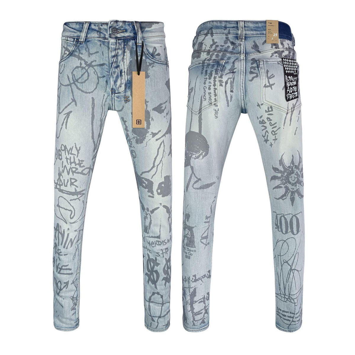 Men's pale blue ripped stretch jeans with allover graffiti print and sketchy graphics