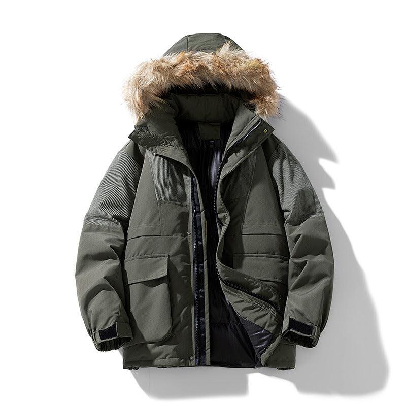 Men's thick parka with faux fur hood, dark green, full zip front and pocketed design