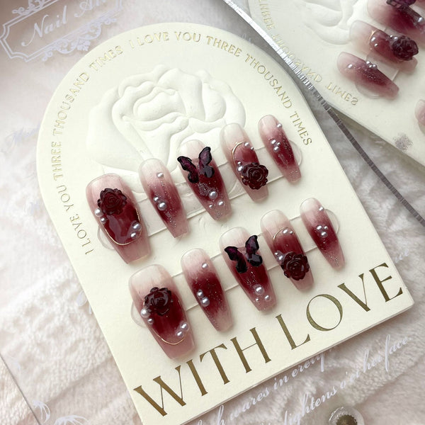 Wine Red Camellia Butterfly Fake Nails - WOMONA.COM