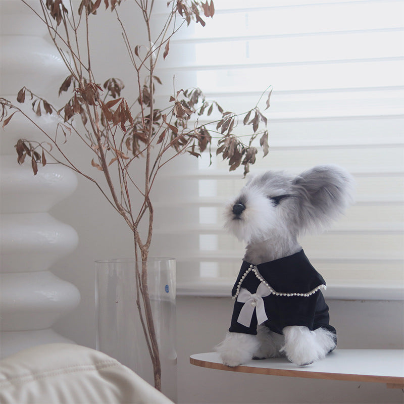 Black velvet pet skirt dress with beaded pearl trim and white bow collar