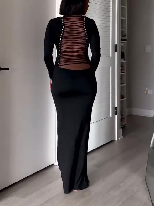 Women's Black Long-Sleeve Halter Maxi Dress
