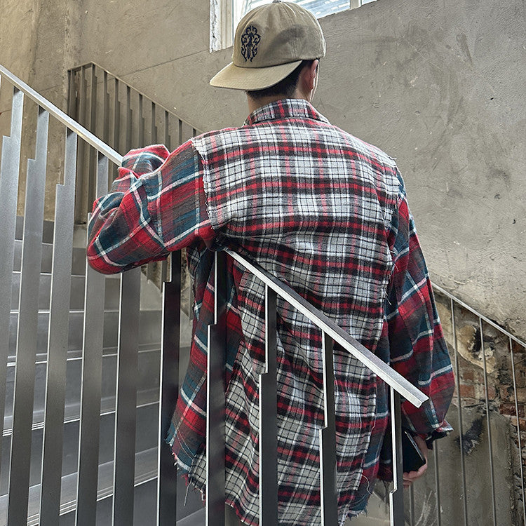 Patchwork Red Plaid Shirts For Men And Women - WOMONA.COM