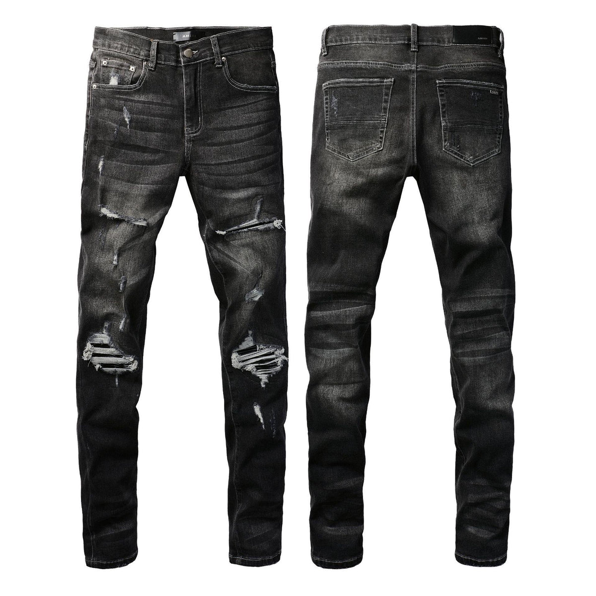 Black skinny jeans with ripped knees and dark wash, front and back pair
