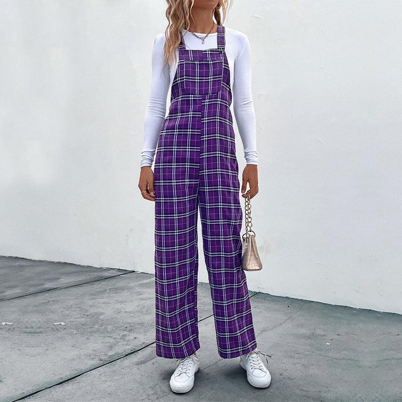 Purple plaid spaghetti-strap jumpsuit with wide-leg pants and front pocket seams