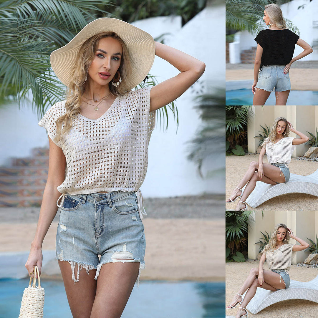 Women’s white crochet knit beach shirt, V-neck, short sleeves, dot pattern eyelets.