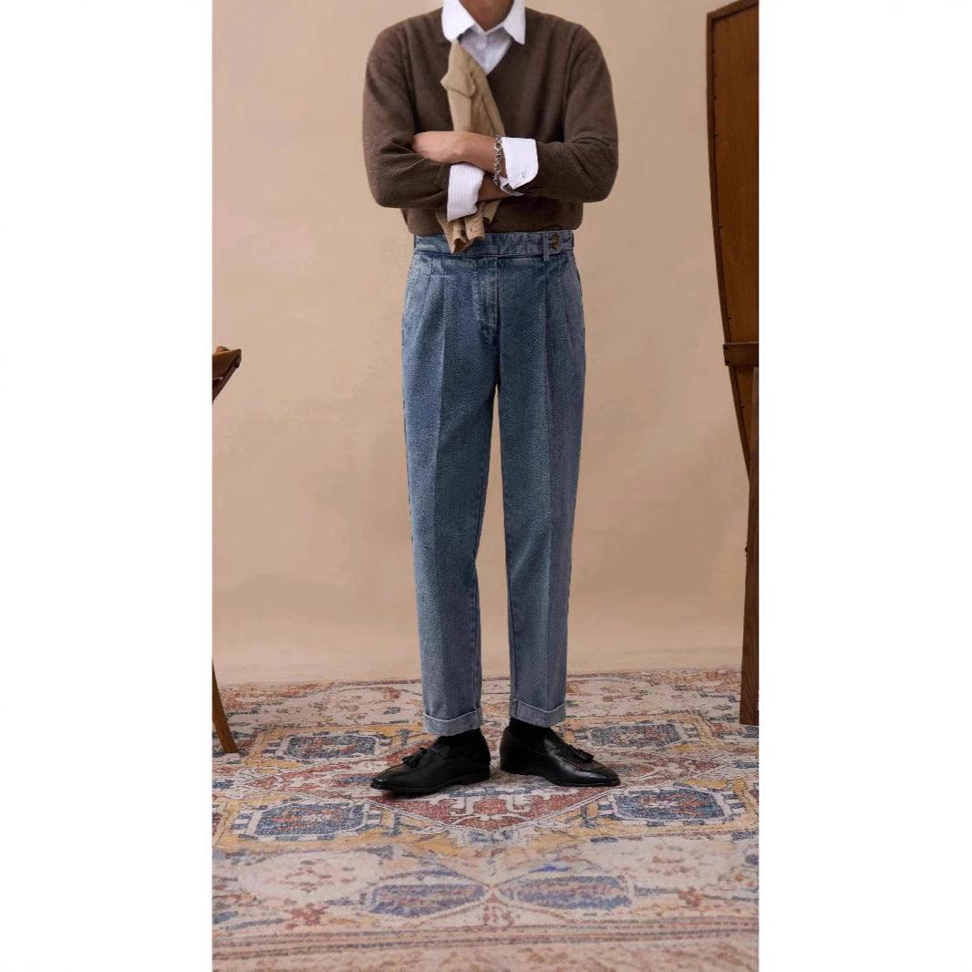 Men's light-blue high-waist denim trousers with belt loops and pleated front