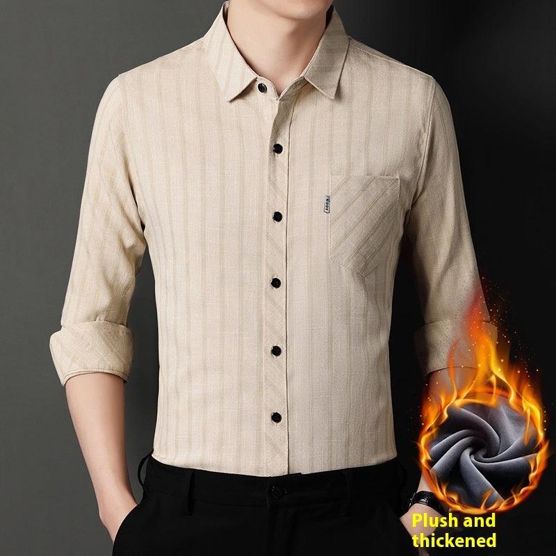 Men's beige vertical-striped long-sleeve button-up shirt with chest pocket