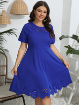 Burnt Flower Hollow-out Cinched Short Sleeve Large Swing Solid Color Dress - WOMONA.COM