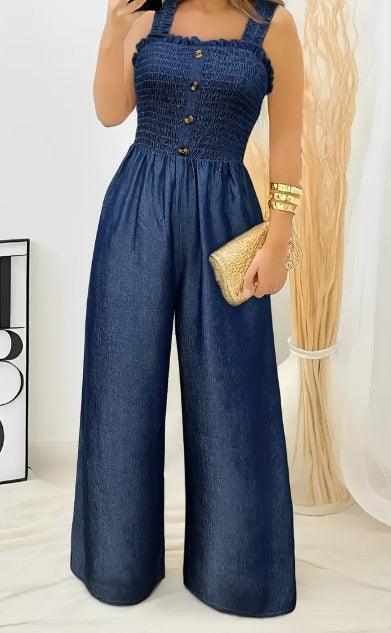 Ruched sleeveless jumpsuit with square neckline and button front, wide-leg in dark blue