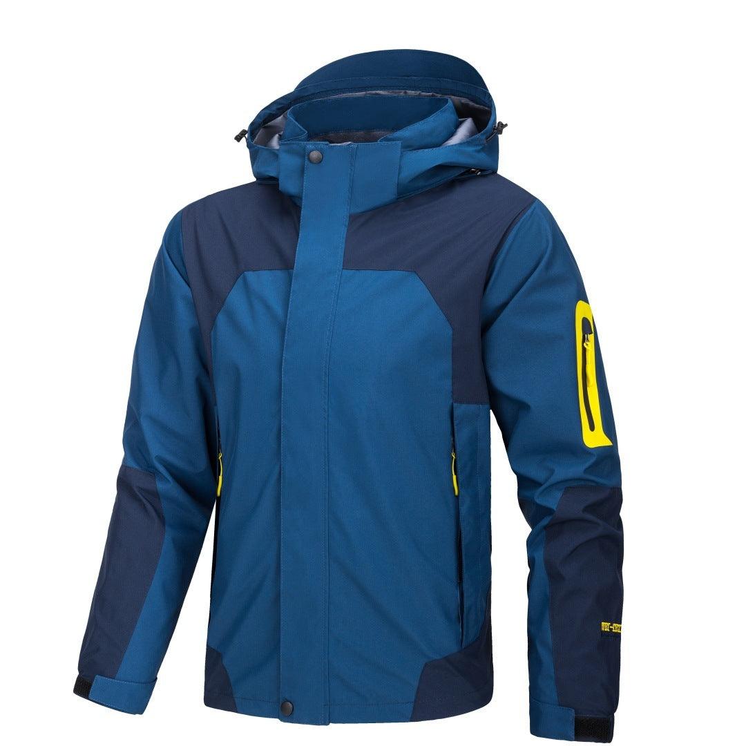 Men's hooded outdoor windbreaker coat, deep blue with lighter blue panels, full zip