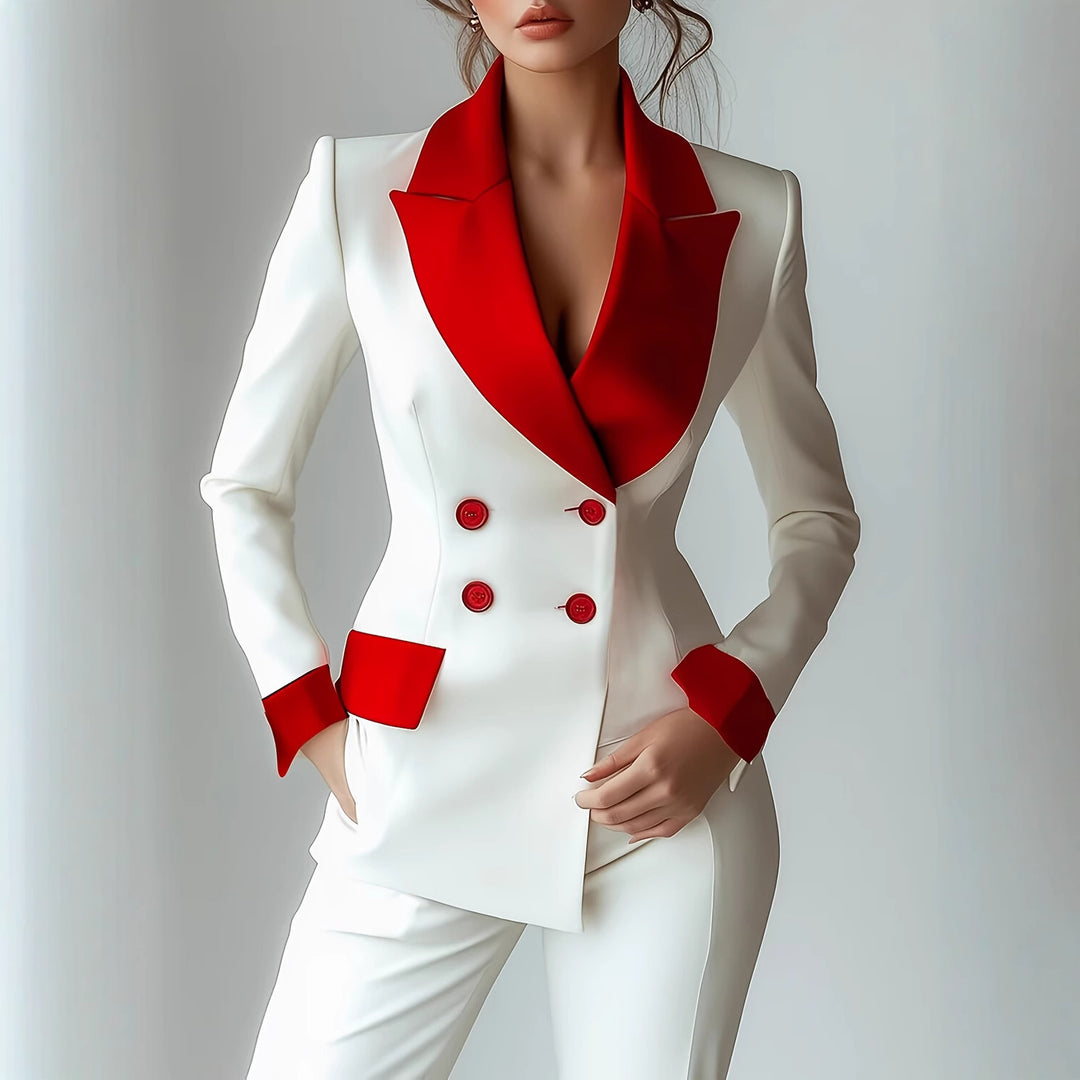 Patchwork long-sleeve pocket coat with red-and-white lapels, double-breasted buttons