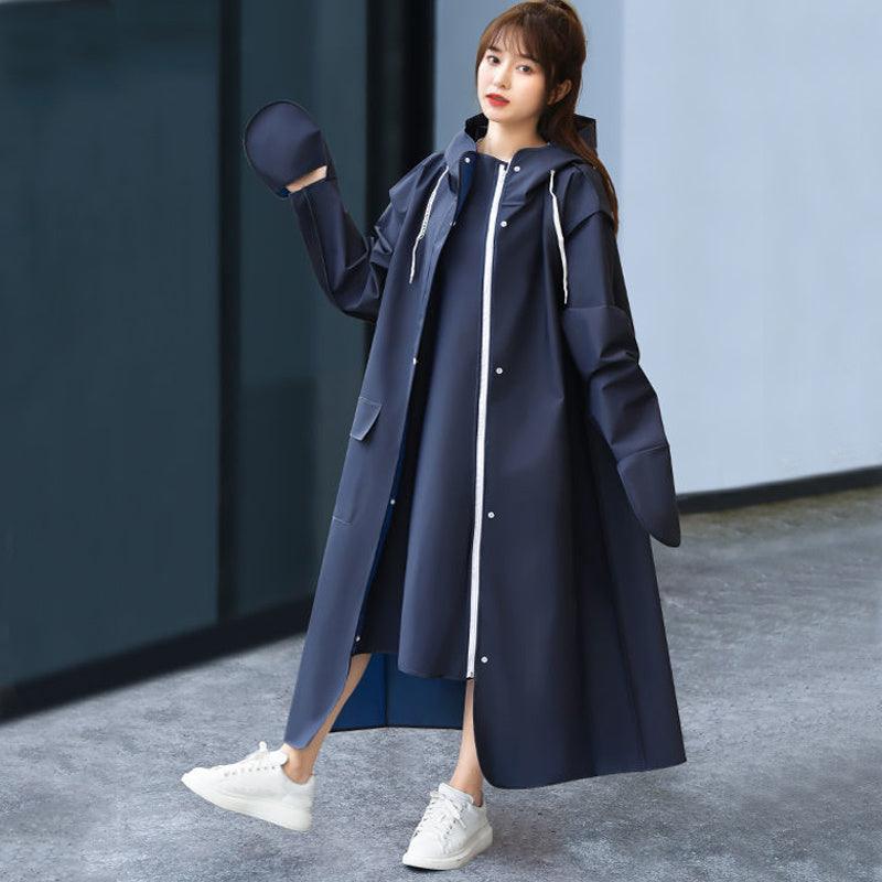 Navy long hooded raincoat with front buttons and drawstring, full sleeves