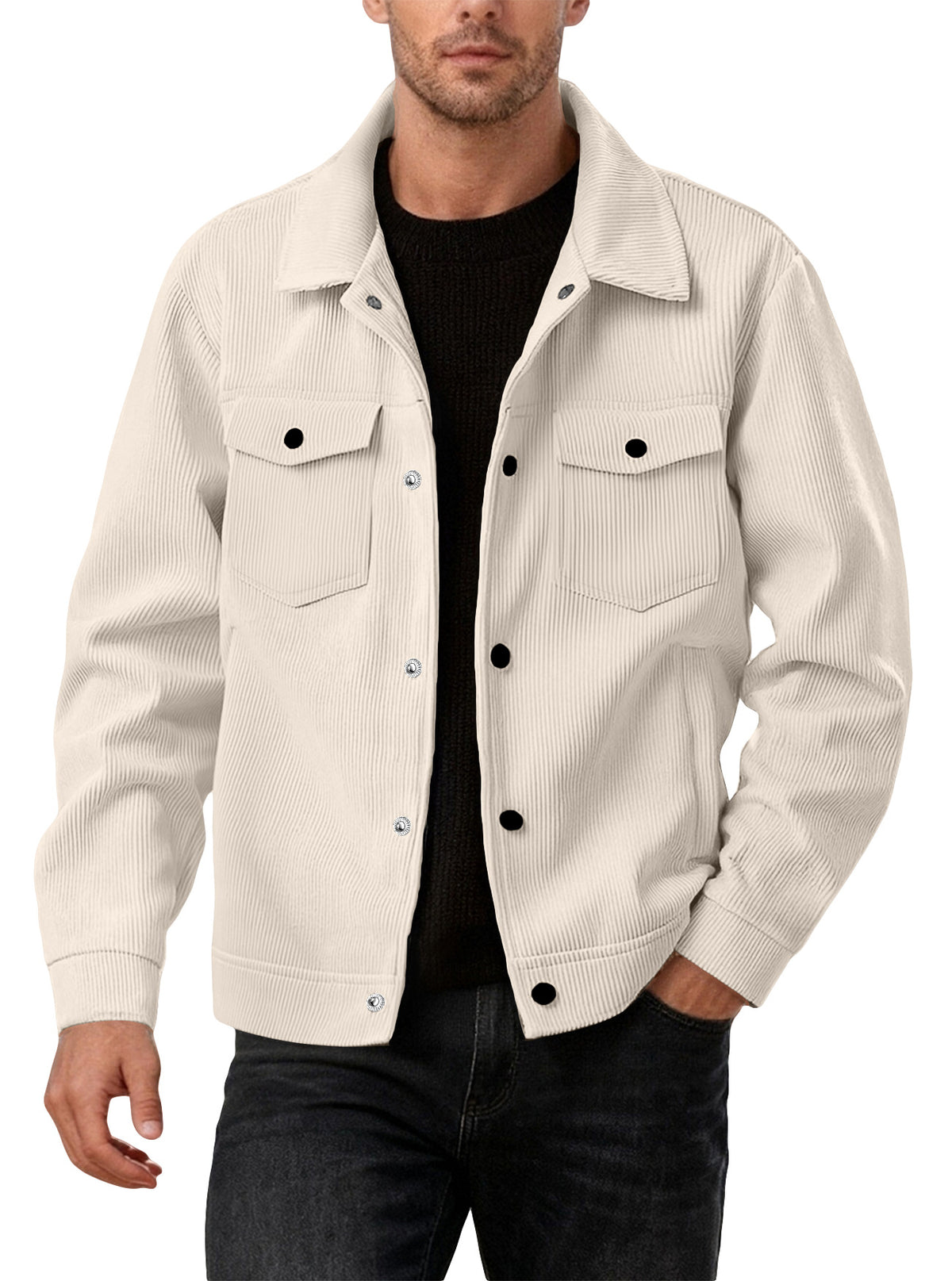 Men's casual jacket in off-white/cream with lapel, button front, and chest flap pockets