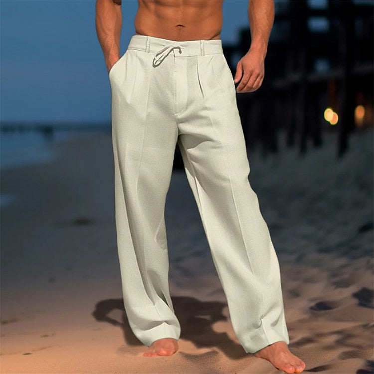 Men's off-white drawstring lounge pants with elastic waist and relaxed straight legs.
