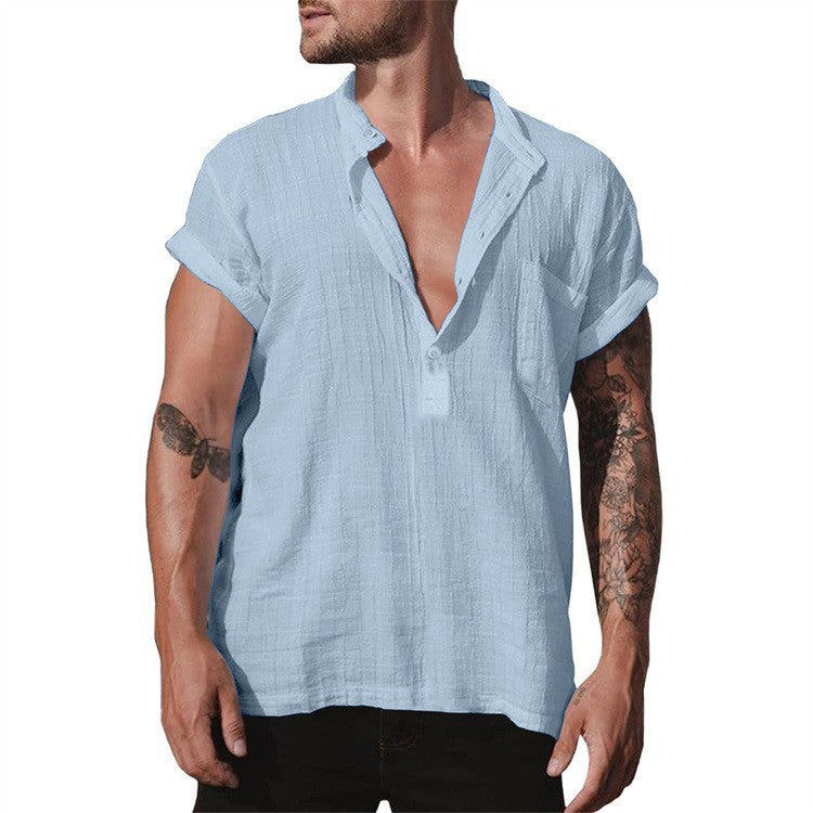 Loose Stand Neck Solid Color Pocket Short Sleeve Shirt - WOMONA.COM