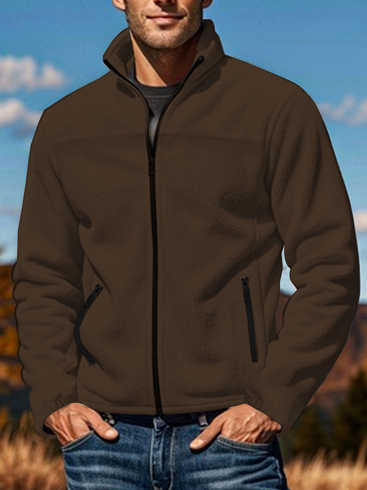 Men's fleece jacket in dark brown with full-zip front, stand collar, and side zipper pockets