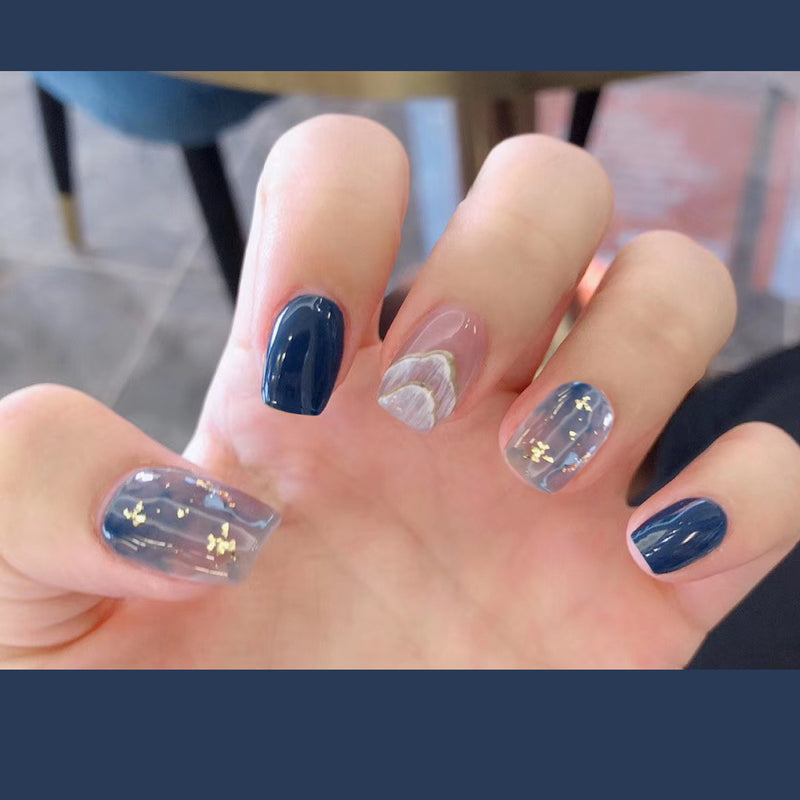 Sea Blue Smudged Fake Nail Stickers Wear Nails - WOMONA.COM