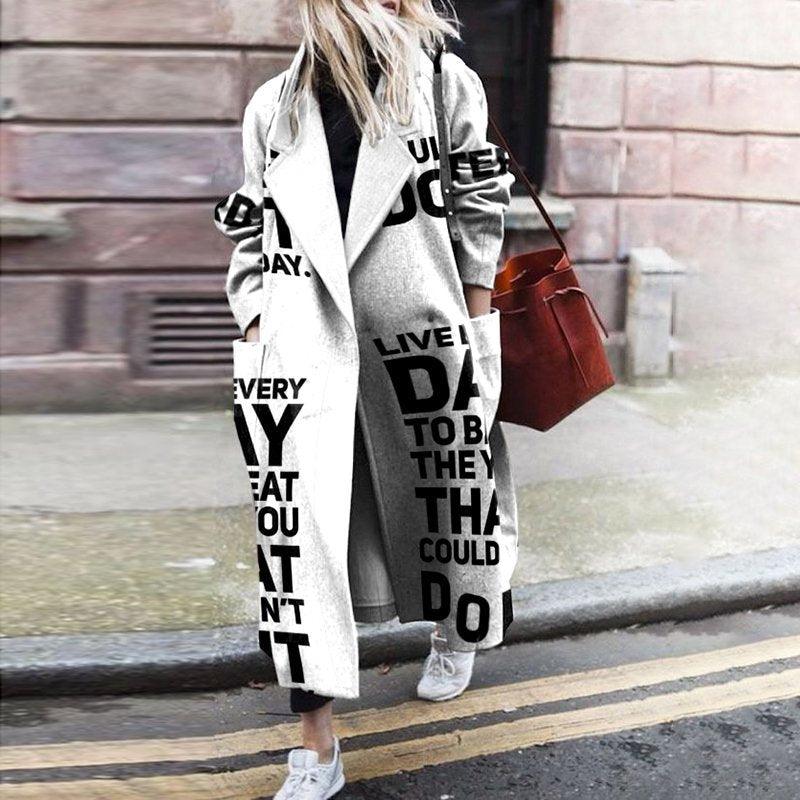 White long lapel-collar button-front coat with long sleeves