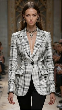 Checked stand-collar coat in light gray and black, with button front and flap pockets