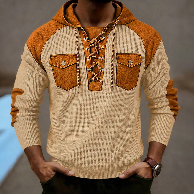 Men's waffle-weave hooded sweatshirt, beige body with brown chest pockets and lace-up hood