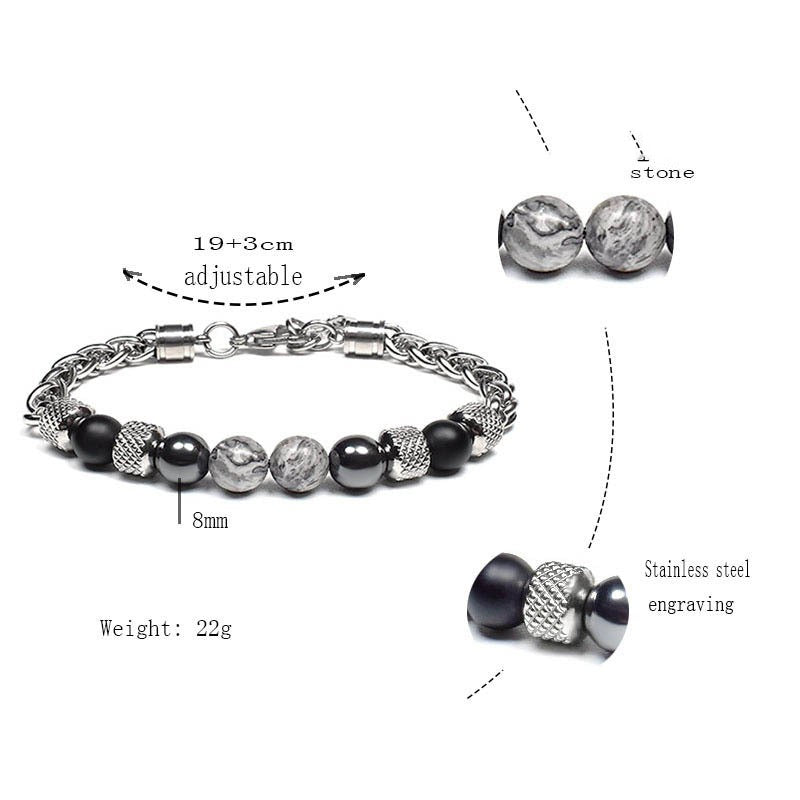 Men's stainless steel bracelet with black beads and gray round stones, adjustable chain.