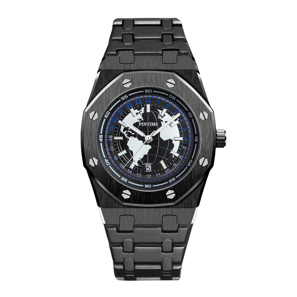 Black waterproof watch with black dial and luminous markers on a black metal link strap