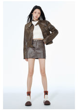 Short Leather Jacket Slim Brown Jacket - WOMONA.COM