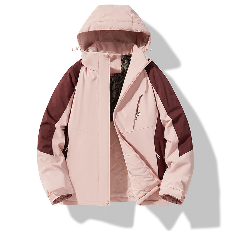 Padded cotton jacket, pink with burgundy sleeves, hooded and windproof outerwear