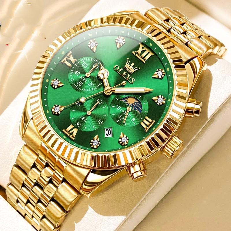 Men's golden quartz watch with green dial and gold-tone link bracelet, round bezel