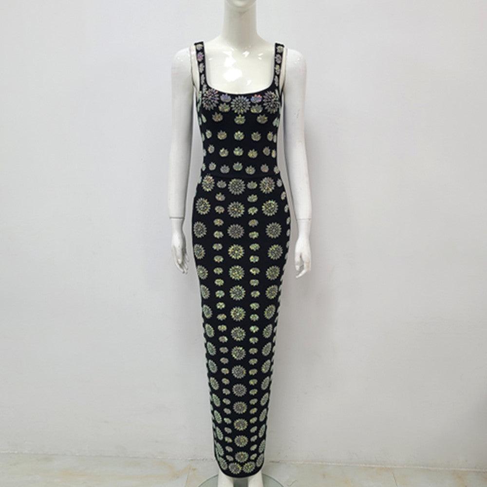 Black Sleeveless U-neck Rhinestone Elegant Slim Bandage Dress - WOMONA.COM